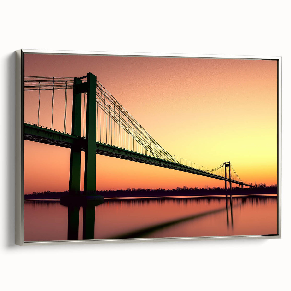 Framed canvas artwork of a landscape bridge in silver tones, showcasing intricate details and textures, ideal for modern home decor or office settings.