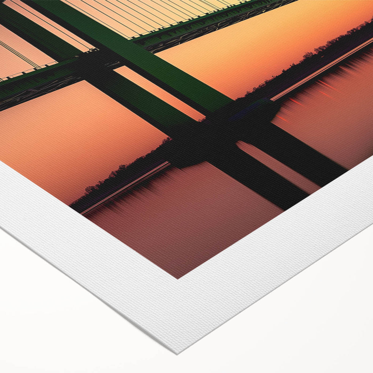 Rolled landscape canvas print showcasing a serene bridge scene with lush green foliage and a tranquil river, elegantly packaged in a protective cardboard tube.