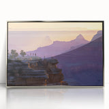 Framed acrylic artwork showcasing a stunning landscape of canyons in vibrant colors, featuring silver framing that enhances its modern aesthetic, perfect for home decor.