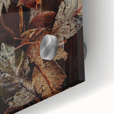 Large abstract wall art in warm autumn hues on acrylic glass, ideal for enhancing dining room ambiance.