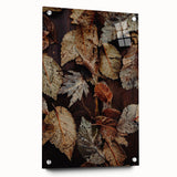 Large abstract wall art on acrylic glass depicting fall colors, ideal for bedroom or dining room decor.