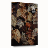 Large abstract wall art on acrylic glass depicting swirling autumn hues, ideal for bedroom or dining room decor.