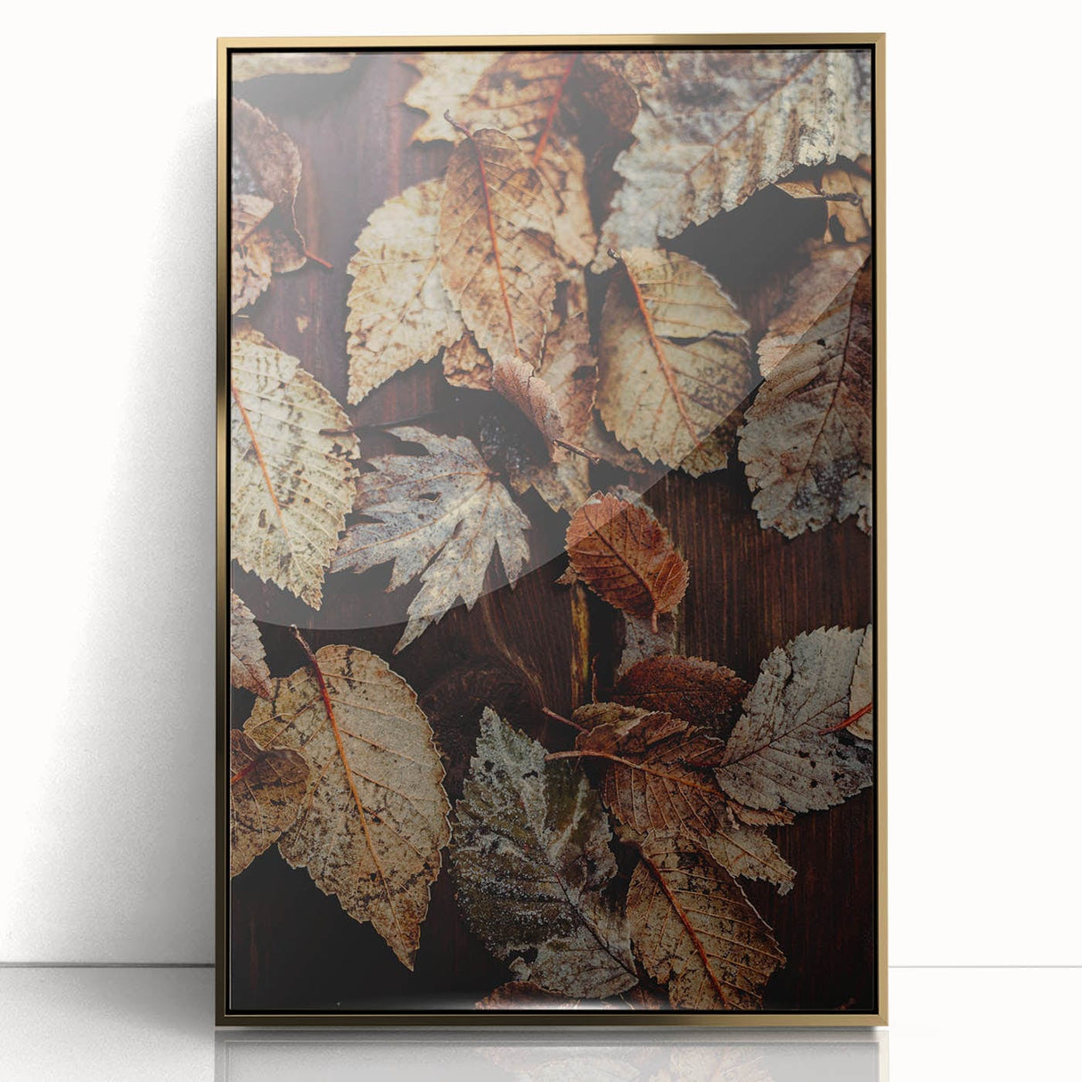 Mid-century modernist style large art print of an abstract fall scene in warm gold and brown tones, acrylic framed.