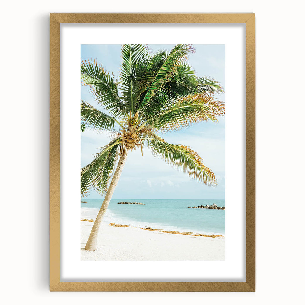 Extra large abstract art print with textured summer motifs in vibrant colors on a gold framed canvas.