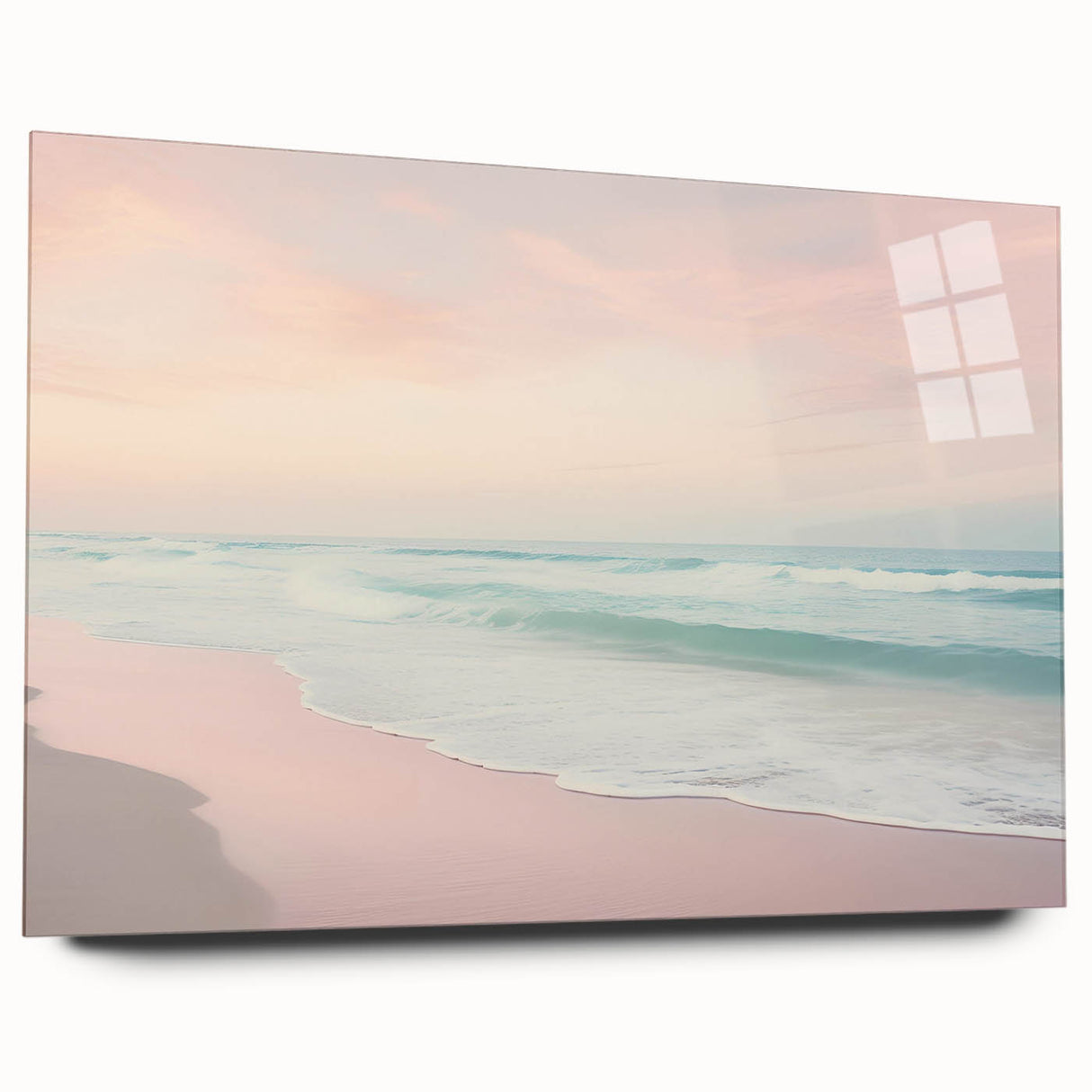 Large abstract wall art in vibrant orange and blue tones on acrylic glass, ideal for bedroom or dining room decor.