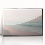 Mid-century modernist art featuring geometric shapes in soft pastel shades on a silver-framed acrylic print.