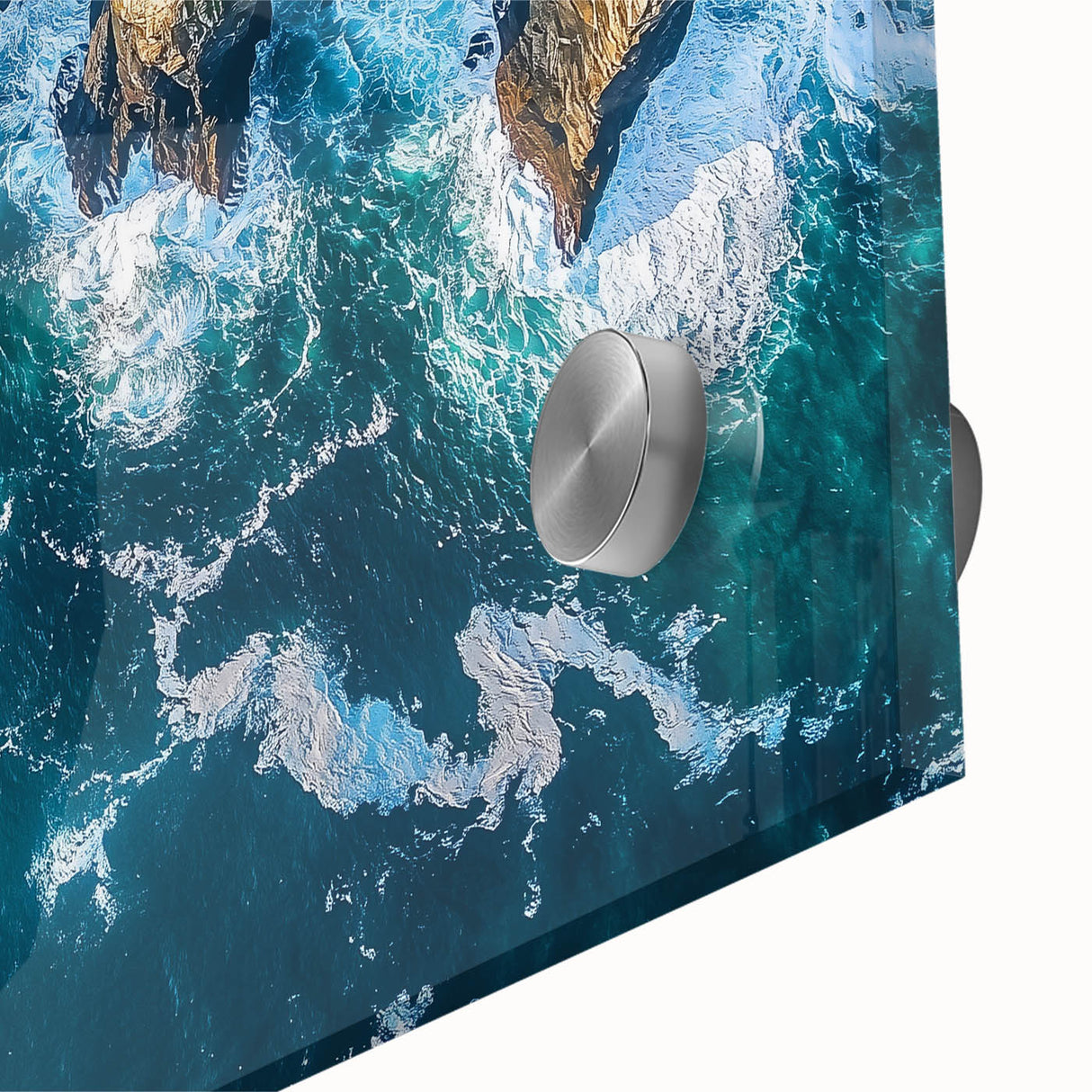 Close-up of an acrylic landscape artwork depicting vibrant cliffs and serene ocean waves, showcasing intricate textures and vivid colors, ideal for modern home decor.