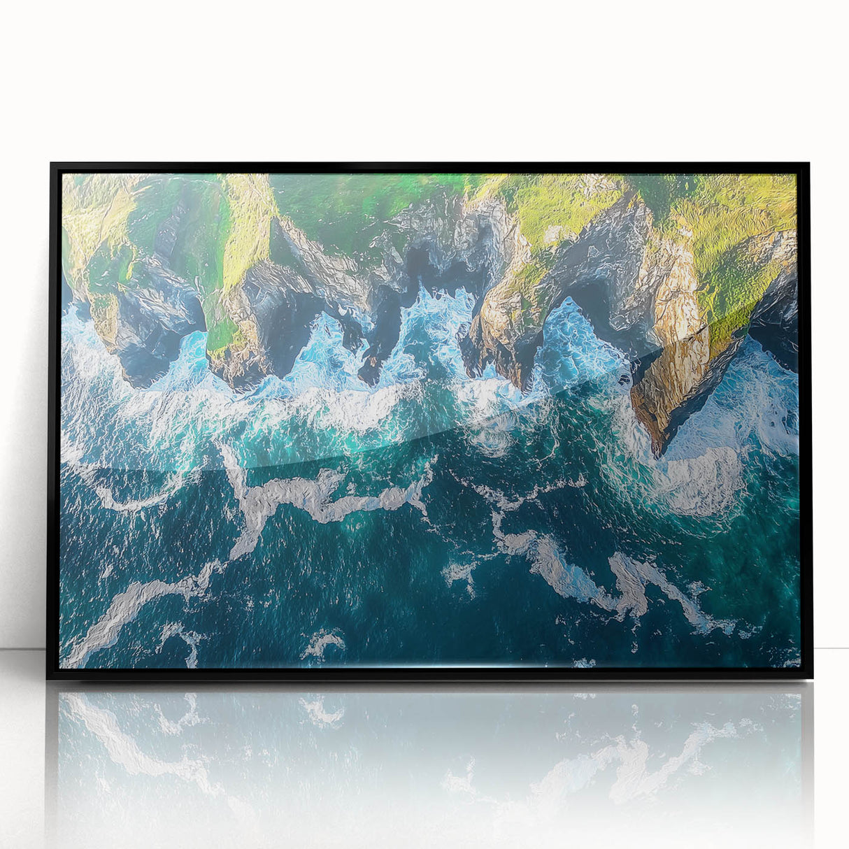 Framed acrylic artwork depicting a stunning cliff landscape in vibrant colors, with a sleek black frame, perfect for modern home decor. This piece adds a touch of nature and elegance to any room.