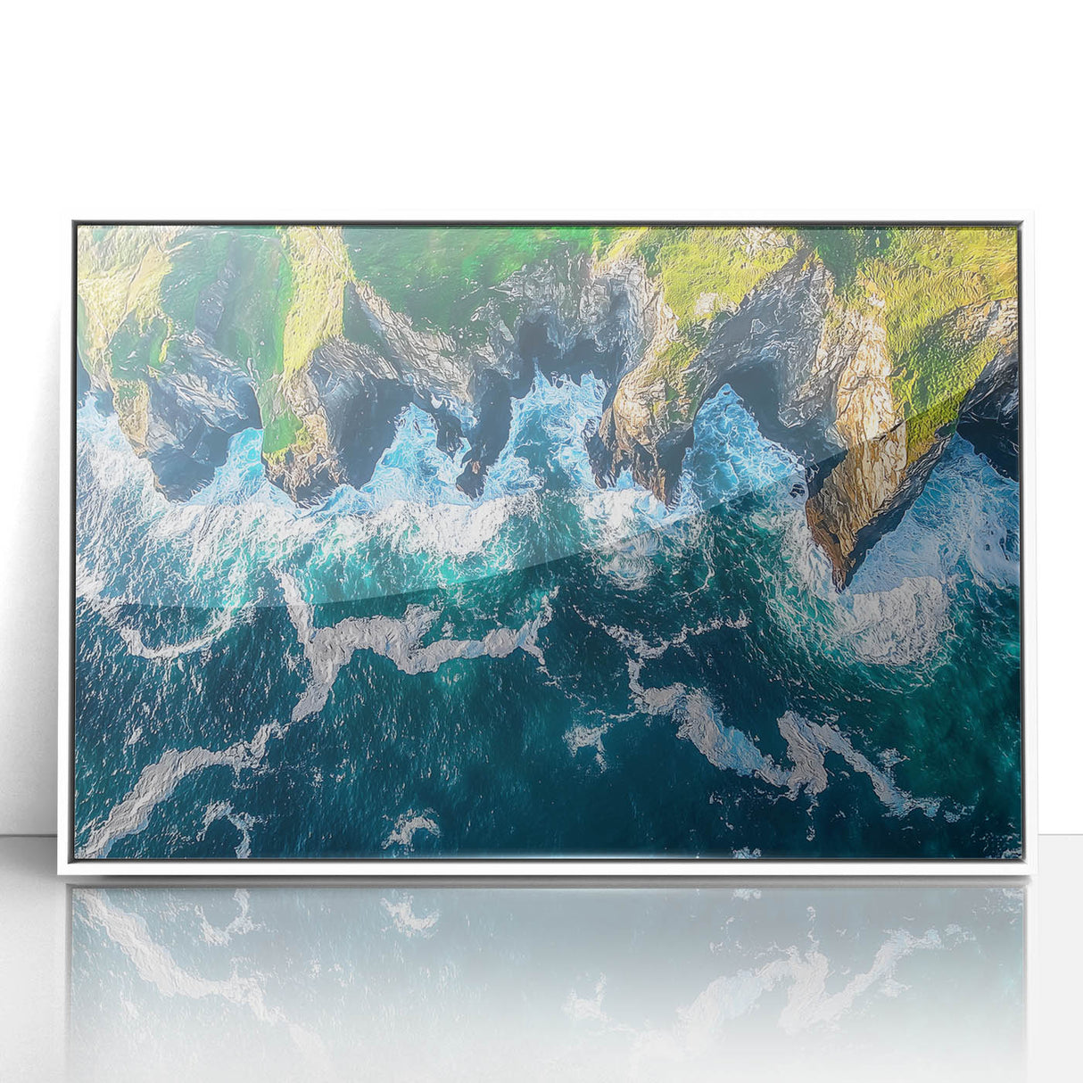 Framed acrylic artwork depicting a stunning landscape with dramatic cliffs, featuring vibrant colors and intricate details, ideal for modern home decor.