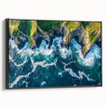 Framed canvas artwork showcasing a dramatic landscape of cliffs with a black side view, ideal for modern home decor. This piece adds depth and elegance to any interior space.