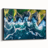 Framed canvas artwork showcasing a dramatic landscape of cliffs with a black side view, ideal for modern home decor. This piece adds depth and elegance to any interior space.