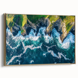 Framed canvas artwork depicting a stunning landscape of cliffs, featuring rich colors and intricate details. Gold frame enhances the visual appeal, ideal for elegant decor.