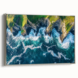 Framed canvas artwork depicting dramatic cliffs and serene landscapes, showcasing a silver side view that enhances its modern aesthetic appeal. Ideal for home decor.