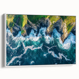 Framed canvas artwork depicting a breathtaking landscape of cliffs with vibrant colors and intricate details, showcased from a white side view. Perfect for home decor.