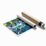 Stunning landscape canvas print showcasing vibrant cliffs and rolling hills, rolled and packaged securely in a protective tube for easy shipping and display.