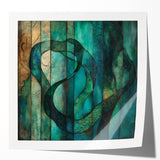 Abstract figurative art print showcasing vibrant colors and dynamic shapes, displayed in a glossy mockup setting, ideal for modern home decor and artistic inspiration.