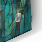 Close-up of an abstract figurative acrylic artwork on glass, showcasing vibrant colors and intricate brushstrokes that create a dynamic visual experience. The reflective surface enhances the depth and detail of the design, making it a striking addition to any modern art collection.