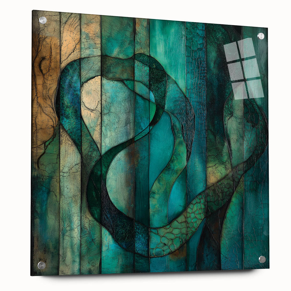 Abstract acrylic artwork featuring figurative design in vibrant colors, displayed from the side with pins securing it to a smooth surface, perfect for modern decor.
