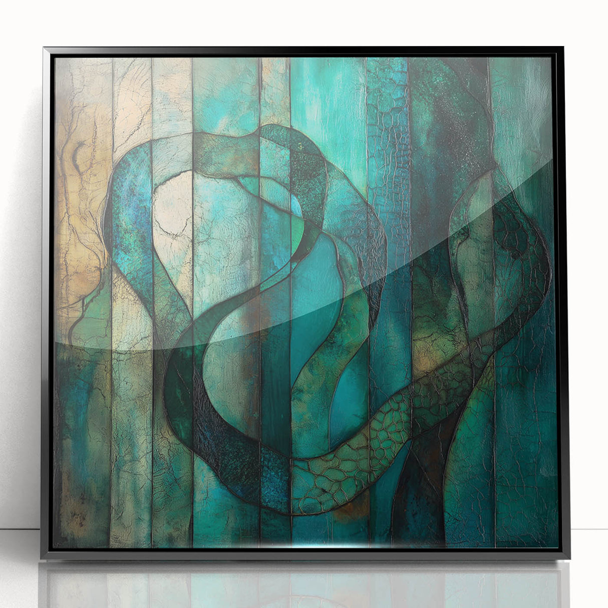 Framed abstract figurative art piece in black acrylic showcasing dynamic shapes and fluid lines, perfect for modern home decor and artistic expression.