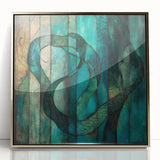 Abstract figurative artwork in a gold-framed acrylic display, showcasing vibrant colors and dynamic shapes, perfect for modern home decor and art enthusiasts.