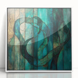 Abstract figurative wall art in a sleek white frame, showcasing vibrant colors and dynamic shapes, ideal for modern decor and artistic expression.
