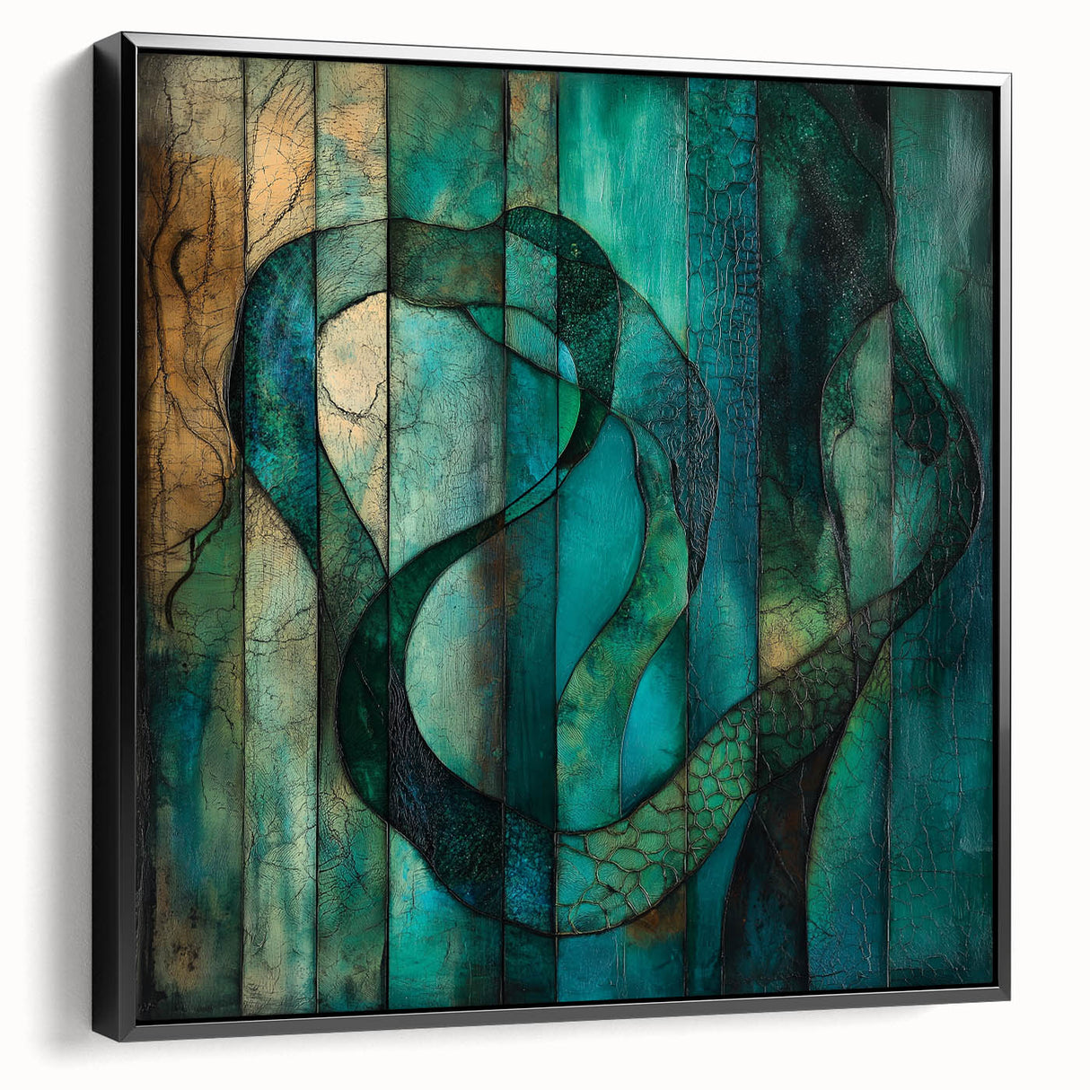 Framed abstract figurative wall art in black, showcasing a modern design with sharp lines and dynamic shapes, perfect for contemporary home decor. The side view highlights the depth and texture of the canvas, ideal for adding a striking focal point to any room.