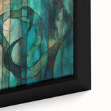 Close-up of an abstract figurative canvas art piece showcasing vibrant colors and intricate textures, elegantly framed and ready to enhance any modern decor setting.