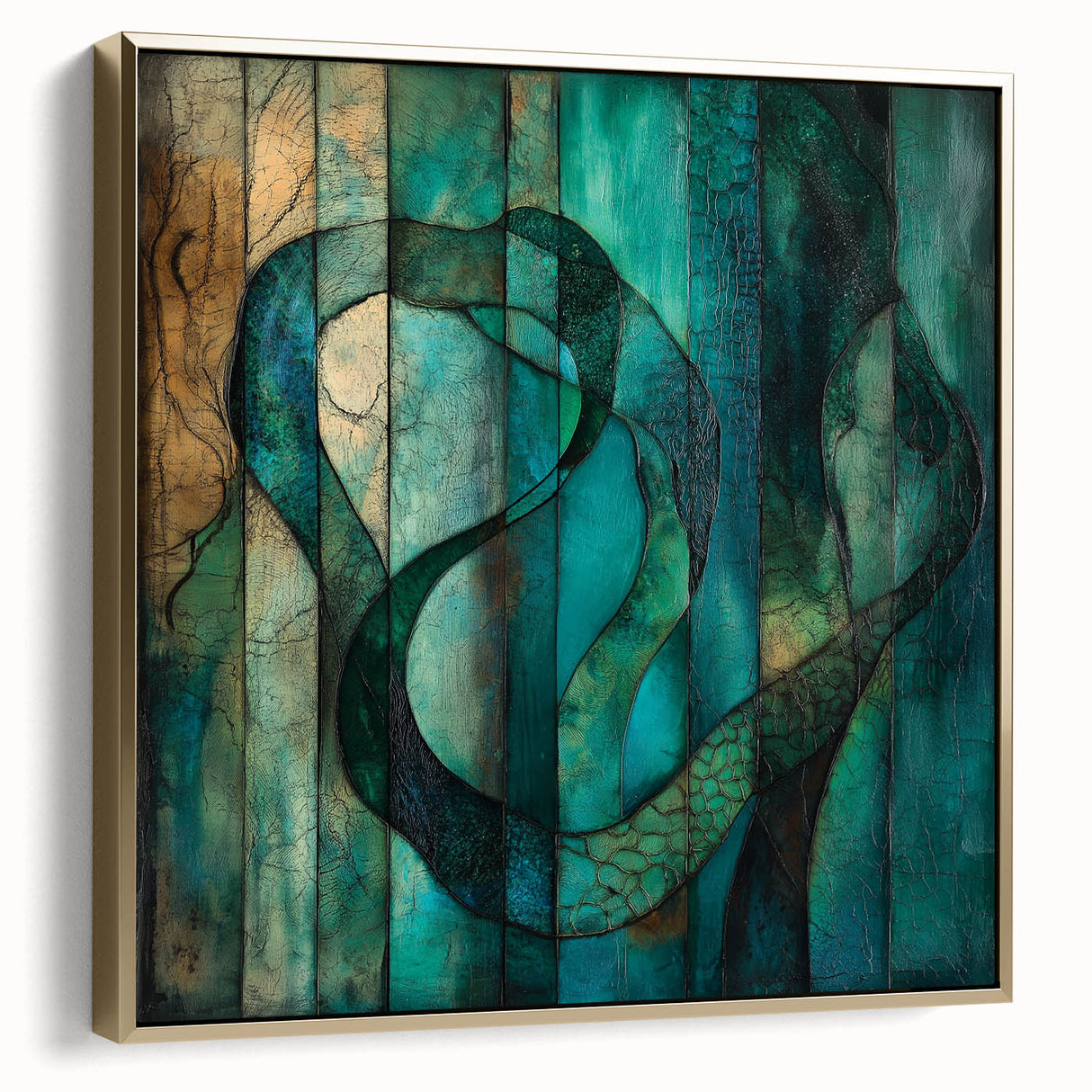 Framed abstract figurative canvas art featuring a blend of silver and gold tones, elegantly displayed against a neutral wall, ideal for modern home decor.