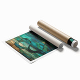 Abstract figurative rolled print showcasing vibrant colors and dynamic shapes, elegantly packaged in a durable cardboard tube, ideal for modern home decor.