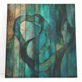 Abstract figurative stretched canvas artwork showcasing vibrant colors and fluid shapes, leaning against a textured wall, perfect for contemporary home decor.