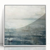 Framed abstract landscape wall art featuring vibrant colors of blue, green, and orange, set against a white background, perfect for modern home decor.