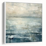Framed canvas wall art showcasing an abstract landscape design in soothing pastel colors, mounted in a sleek white frame, ideal for modern home decor.