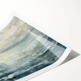 Abstract landscape wall art print featuring vibrant colors of blue, orange, and yellow, showcasing layered mountains and a serene sky, ideal for modern home decor.