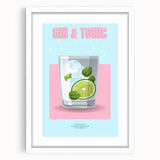 Abstract art print featuring swirling blue and green patterns on a white framed canvas, ideal for dining room decor.