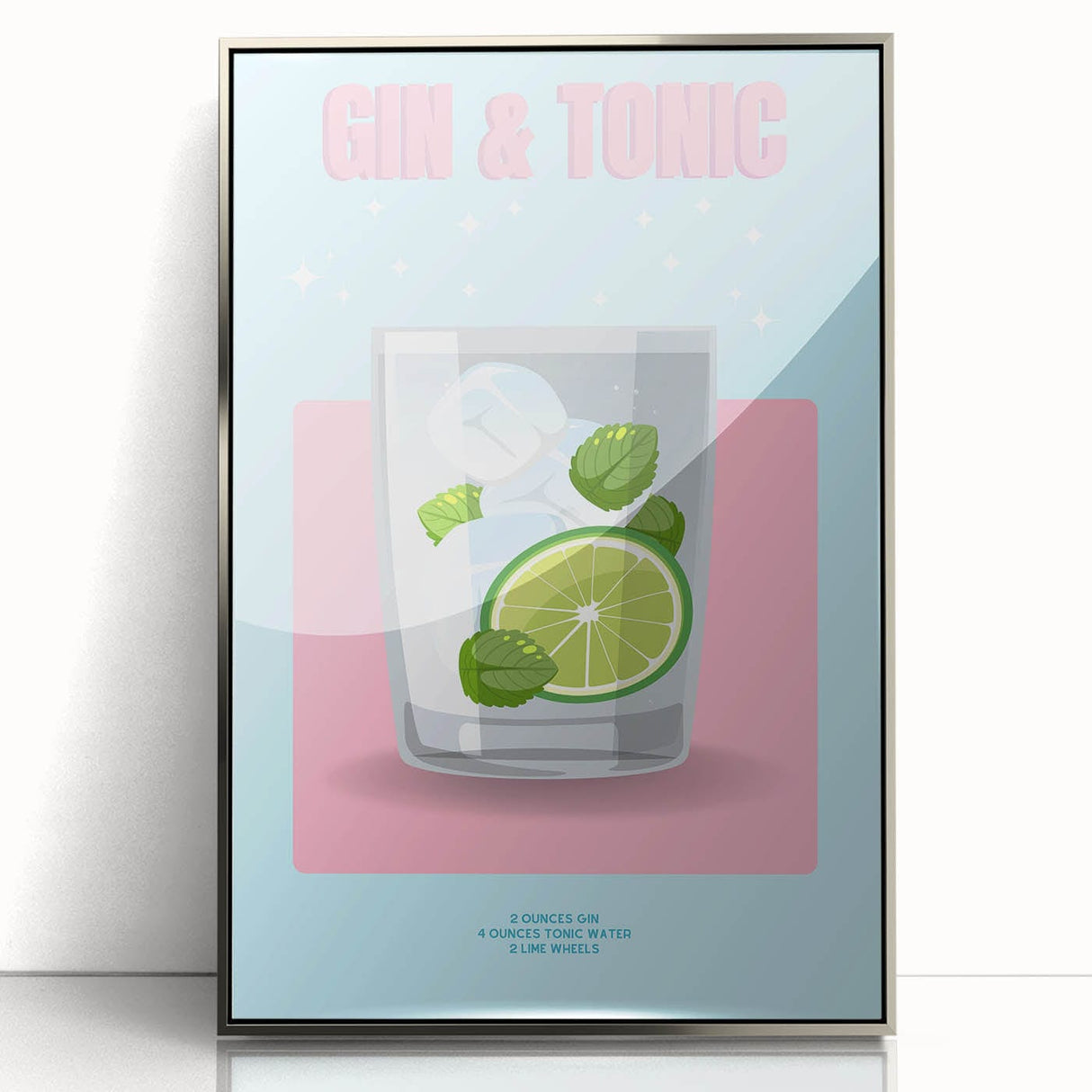 Large art print of colorful fruits on silver-framed acrylic, styled in mid-century modernist design.