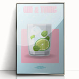 Large art print of colorful fruits on silver-framed acrylic, styled in mid-century modernist design.