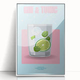 Mid-century modernist art poster featuring a stylized cocktail, in pastel shades, framed in white acrylic.