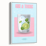 Extra large vintage poster art of colorful food and drinks on a white framed canvas, ideal for living room decor.