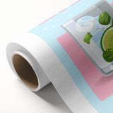 Art deco poster of stylized fruits in pastel shades on rolled canvas, suitable for dining room wall art.