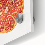 Large abstract wall art featuring assorted fruits in vibrant colors on acrylic glass, ideal for dining room decor.