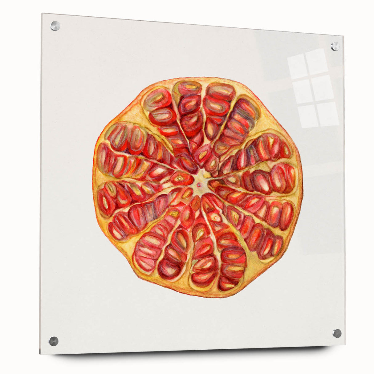 Acrylic print of large abstract art featuring vibrant fruit motifs, ideal for dining room decor.