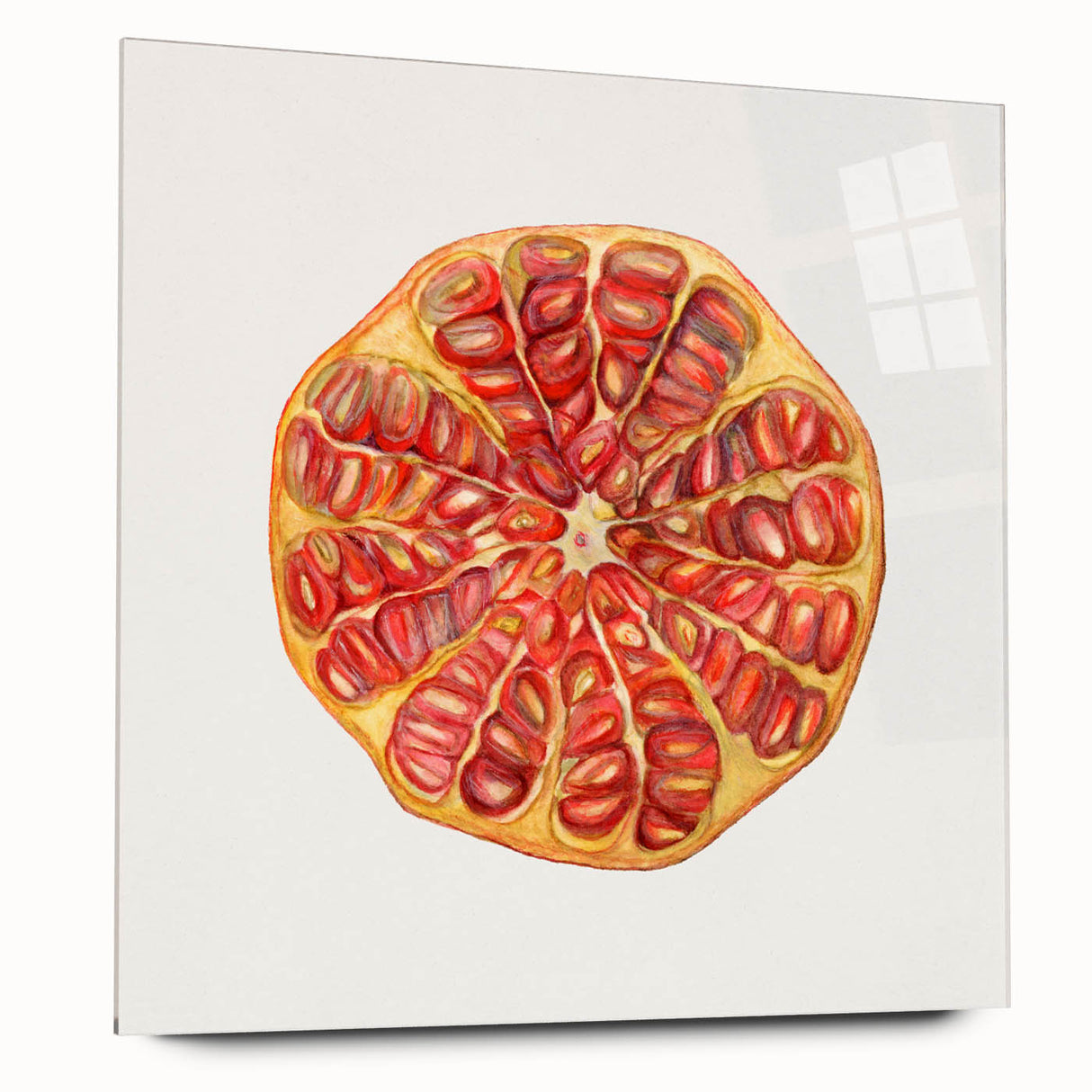 Large abstract wall art featuring assorted fruits in vibrant colors on acrylic glass, ideal for bedroom or dining room decor.