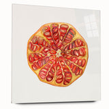 Large abstract wall art featuring assorted fruits in vibrant colors on acrylic glass, ideal for bedroom or dining room decor.