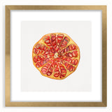 Extra large abstract art print featuring a textured array of vibrant fruit motifs, framed in gold.