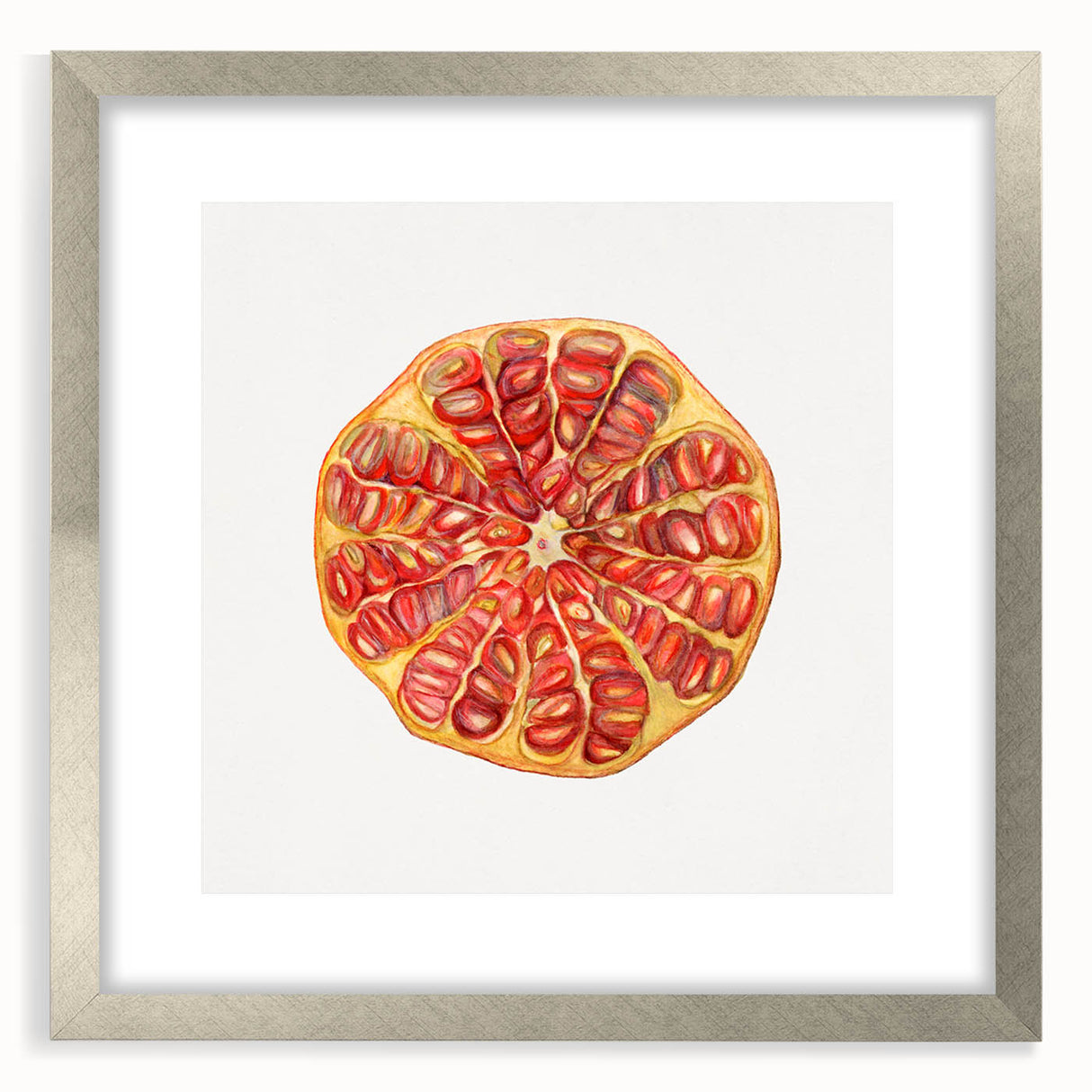 Textured art print featuring an abstract design of fruits in muted colors, framed in silver, ideal for bedroom wall decor.