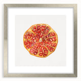 Textured art print featuring an abstract design of fruits in muted colors, framed in silver, ideal for bedroom wall decor.