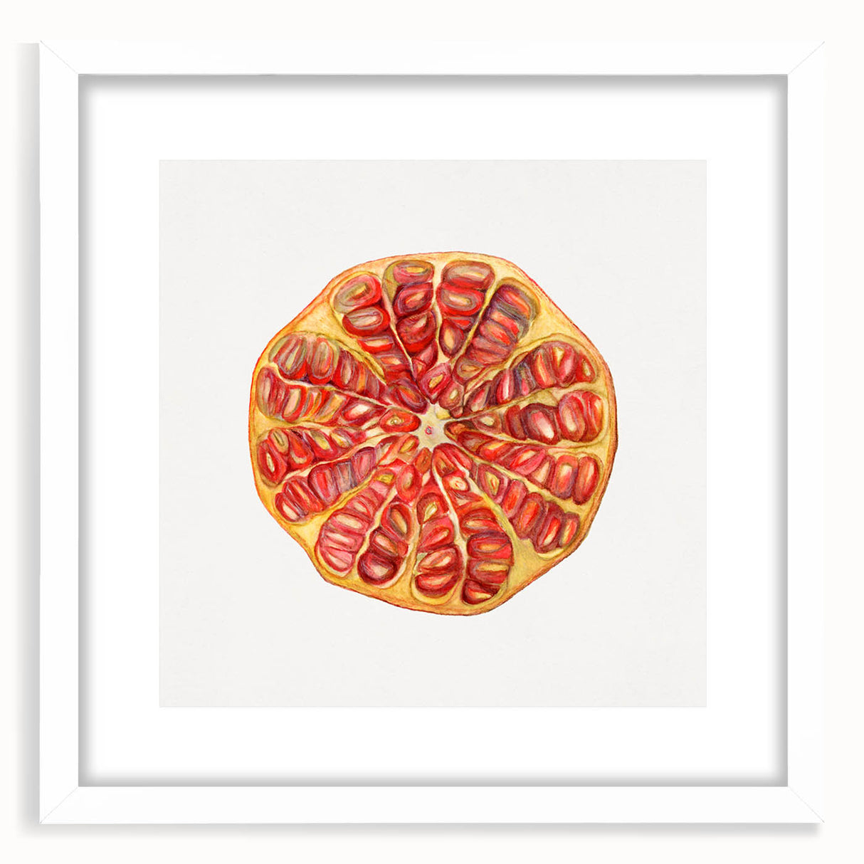 Abstract art print of assorted fruits in vibrant colors on a white framed mat, ideal for dining room decor.