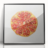 Large abstract wall art featuring assorted fruits in vibrant colors on a black acrylic framed print.