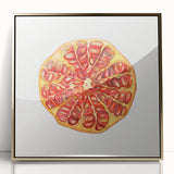 Large art print of assorted fruits in vibrant colors on a gold-framed acrylic, mid-century modernist style.