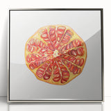 Mid-century modernist art featuring assorted fruits in bright colors on a silver-framed acrylic print.